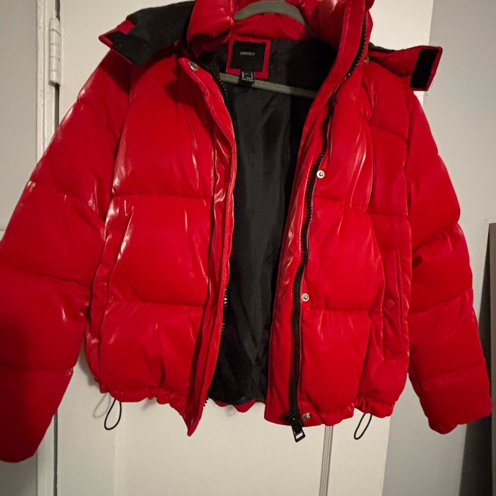 Forever 21 Red and Black Hooded Puffer Jacket